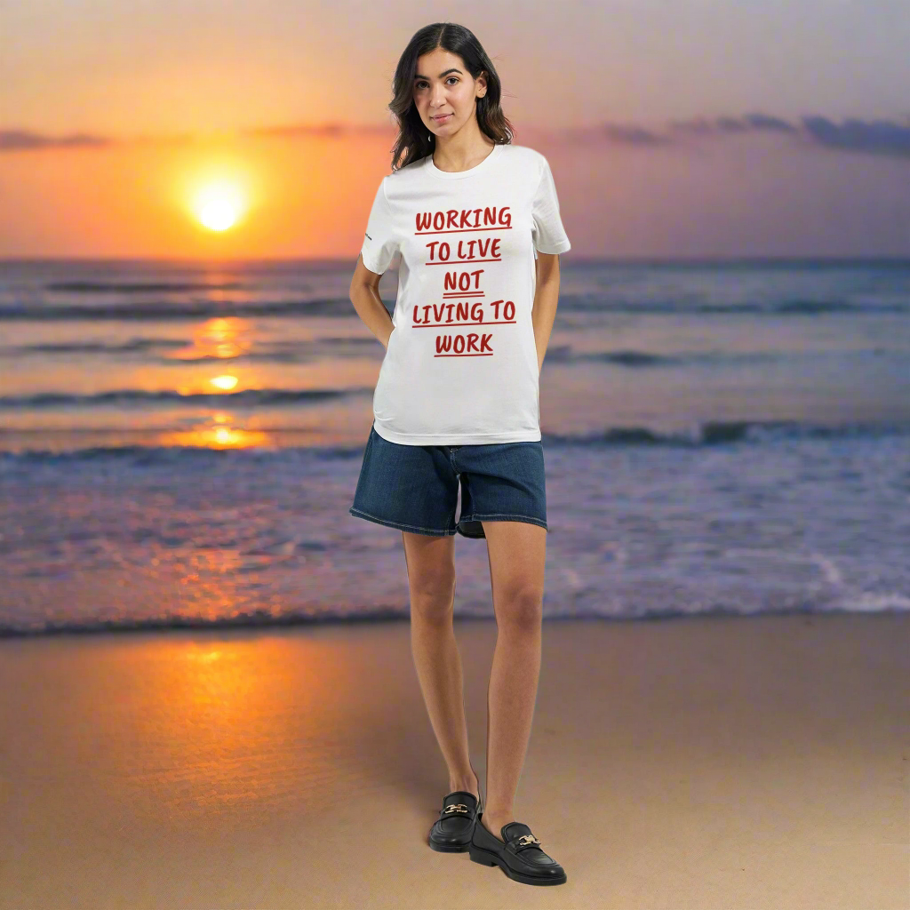 WORKING TO LIVE NOT LIVING TO WORK.Premium Unisex Crewneck T-shirt | Bella + Canvas 3001