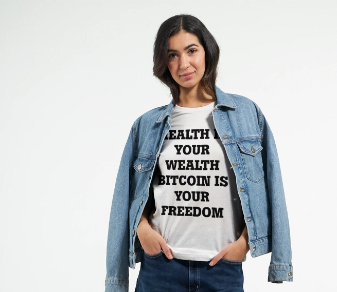 HEALTH IS YOUR WEALTH BITCOIN IS YOUR FREEDOM.Premium Unisex Crewneck T-shirt | Bella + Canvas 3001