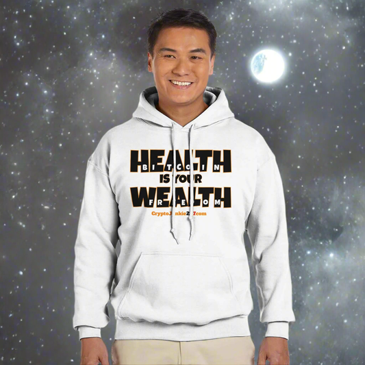 Health is your wealth bitcoin is your freedom.Classic Unisex Pullover Hoodie | Gildan® 18500 White