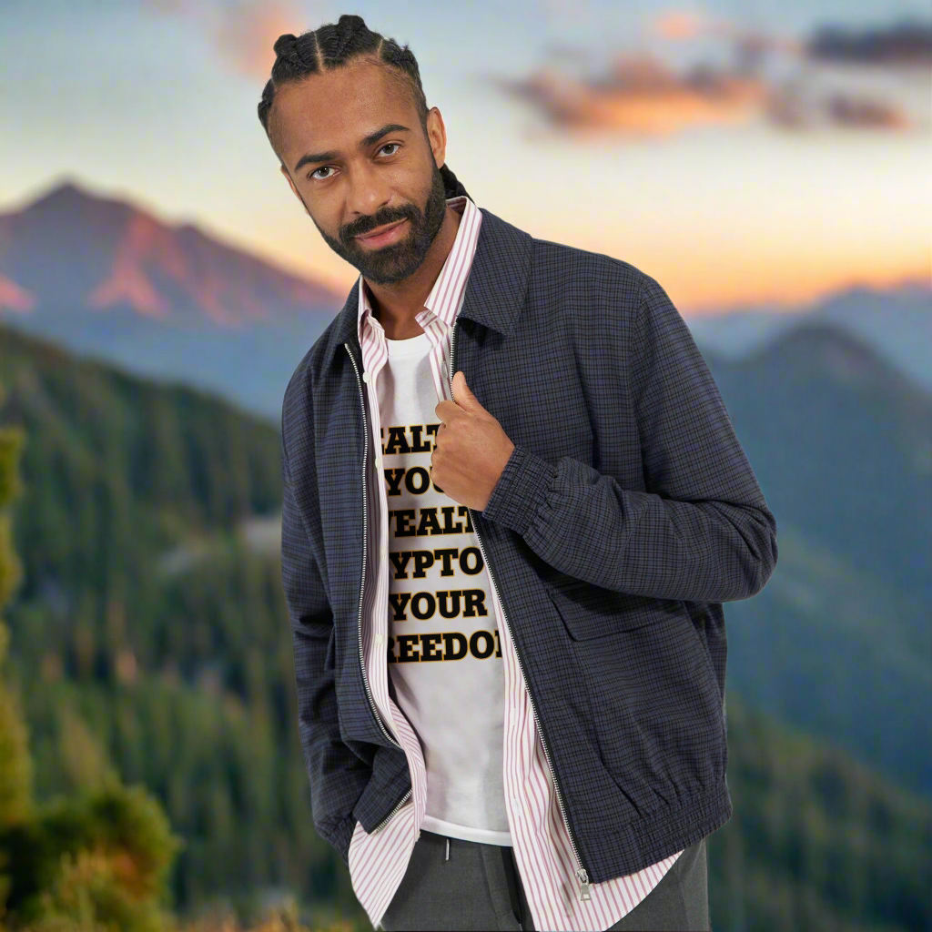 Health is your wealth Crypto is your freedom.Premium Unisex Crewneck T-shirt | Bella + Canvas 3001 White