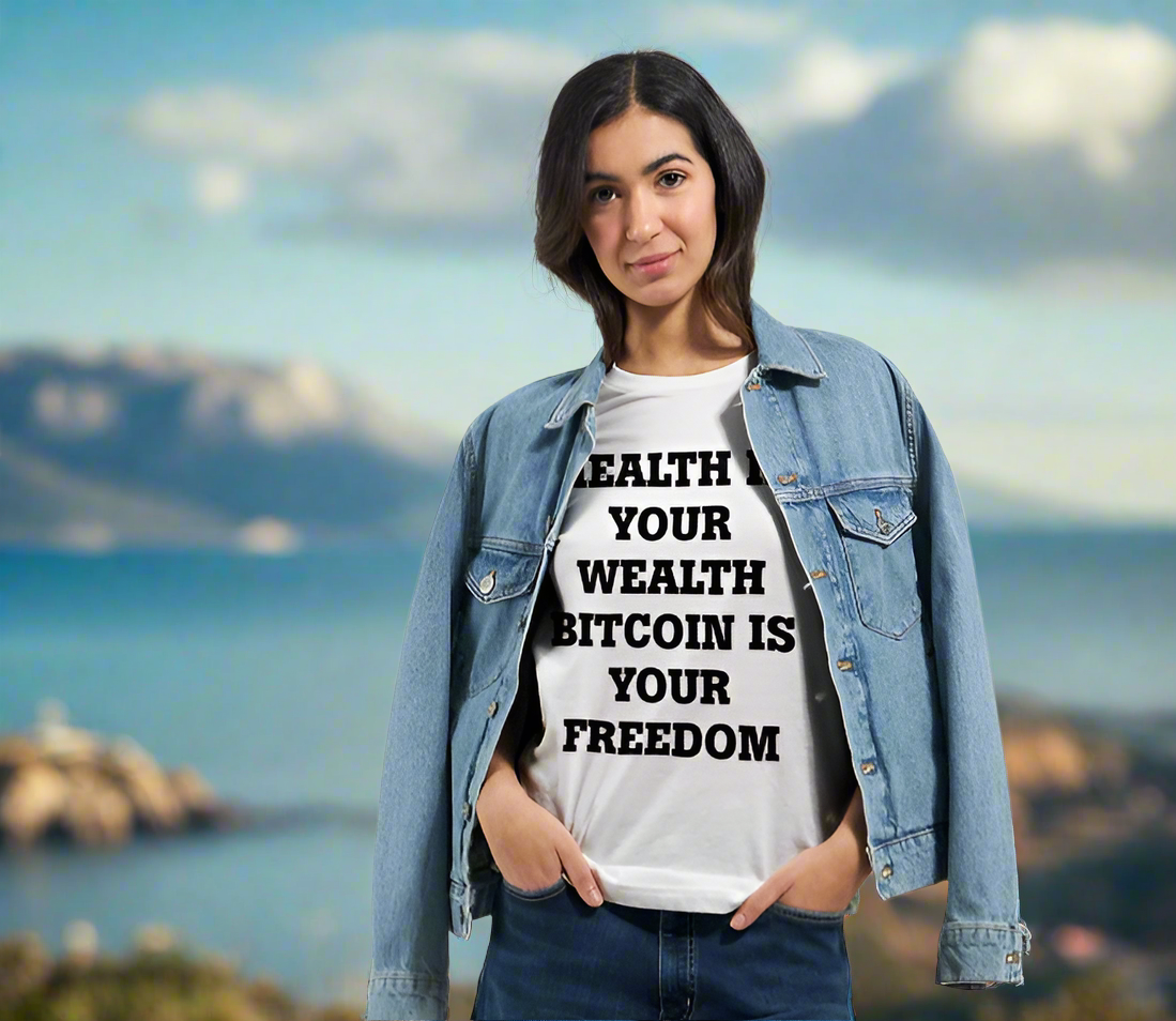 HEALTH IS YOUR WEALTH BITCOIN IS YOUR FREEDOM.Premium Unisex Crewneck T-shirt | Bella + Canvas 3001